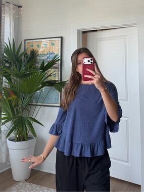 Navy Blue Ruffle-Hem Dotted Texture Top